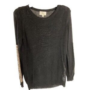 LLove USA Black Lightweight Cotton Sweater with Gold Sequin Detail Sleeves, S/M